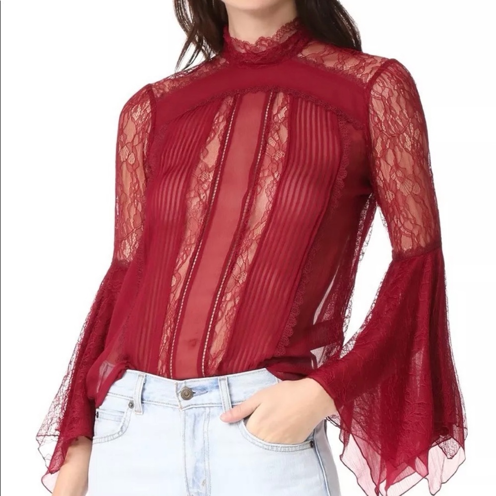 Alice and Olivia  red silk Chiffon/lace top.